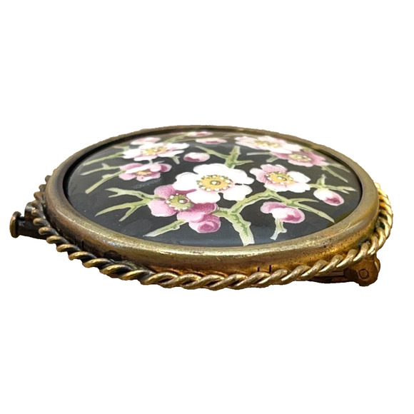 Limoges Old Brooch Pin Hand Painted Flowers Black Enamel Golden Rope P.Pastaud - Picture 5 of 7